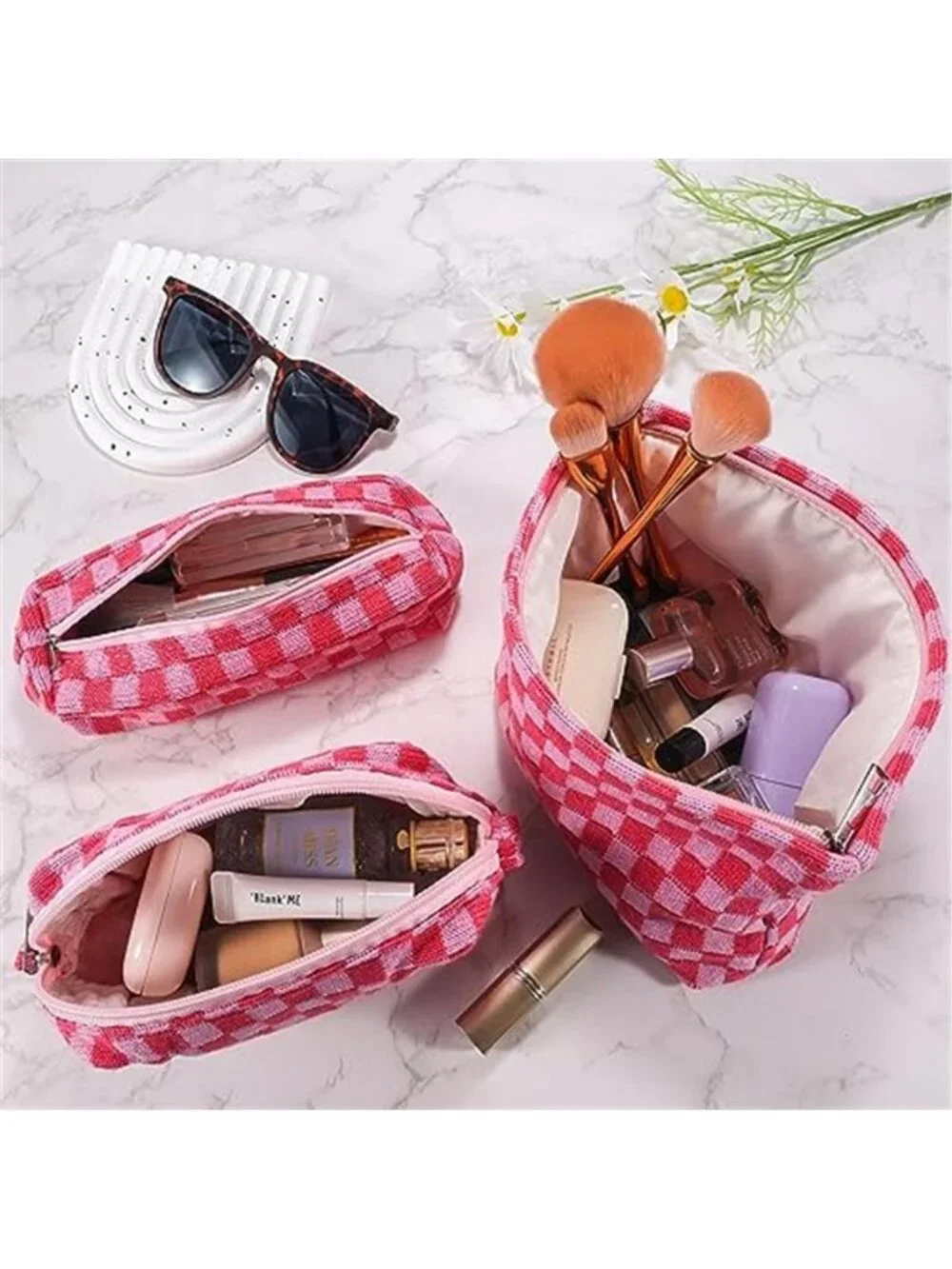 3Pcs Makeup Bag Checkered Cosmetic Bag Set Travel Toiletry Bags